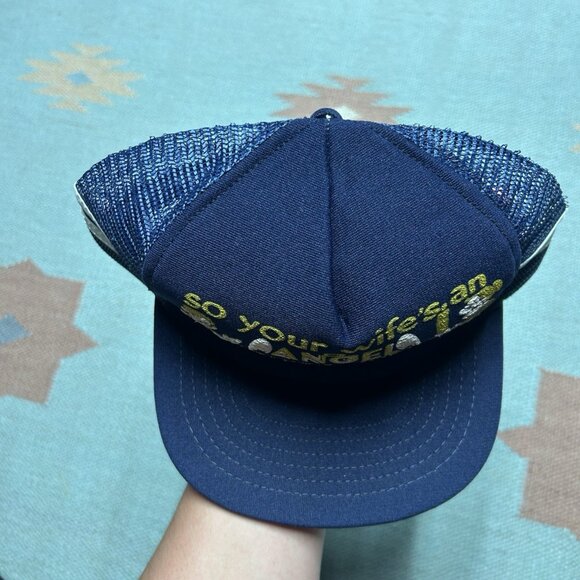 Vintage 80s trucker hat mesh cap 2 stripe your wife’s an angel mine’s dead funny - Picture 3 of 8